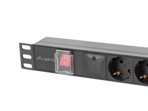 Lanberg PDU-06F-0200-BK 19" 1U 6xSchuko aljzat Schuko csatlakozóvéggel 2m fekete elosztósor kapcsolóval