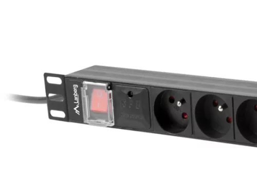 Lanberg PDU-08E-0200-BK 19" 1U 8xSchuko francia aljzat Uni-Schuko csatlakozóvéggel 2m elosztósor kapcsolóval