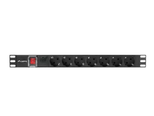 Lanberg PDU-07F-0200-IEC-BK 19" 1U 7xSchuko aljzat C14 csatlakozóvéggel 2m fekete elosztósor kapcsolóval