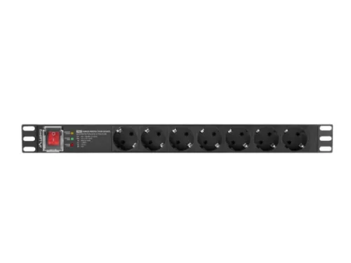 Lanberg PDU-PRO-07F-0200-BK 19"" 1U 7xSchuko aljzat Schuko csatlakozóvéggel 16A SPD-3MP 2m túlfeszültségvédett elosztósor kapcsolóval
