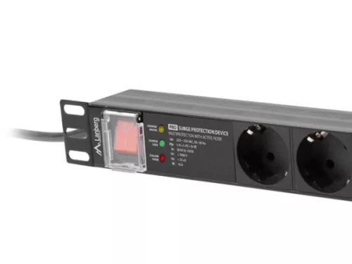 Lanberg PDU-PRO-07F-0200-BK 19"" 1U 7xSchuko aljzat Schuko csatlakozóvéggel 16A SPD-3MP 2m túlfeszültségvédett elosztósor kapcsolóval