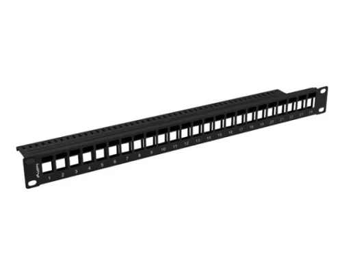 Lanberg PPKS-1024-B 19" 1U üres fekete patch panel 24 db Keystone jack fogadására, kábeltartóval