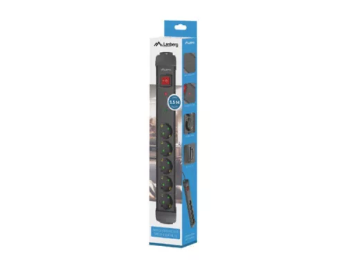 Lanberg SP1-05F-0150-BK 5x Schuko aljzat túlfeszültség ellen védett 1.5m kapcsolós fekete elosztósor