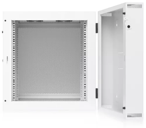 Ubiquiti UACC-RACK-12U-WALL-SW-P 19" 12U 639x600x703mm MAX:80kg perforált ajtós fehér kétrészes fali rack szekrény