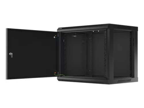 Lanberg WF01-6409-00B 19" 9U SZÉL:600mm MÉLY:450mm MAG:512mm lapraszerelt fémajtós fekete fali rack szekrény