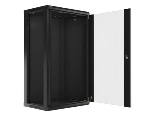 Lanberg WF01-6422-10B 19" 22U SZÉL:600mm MÉLY:450mm MAG:1085mm lapraszerelt üvegajtós fekete fali rack szekrény