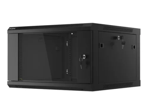 Lanberg WF01-6606-10B 19" 6U SZÉL:600mm MÉLY:600mm MAG:379mm lapraszerelt üvegajtós fekete fali rack szekrény