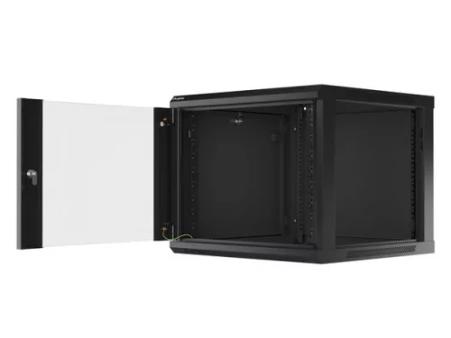Lanberg WF01-6609-10B 19" 9U SZÉL:600mm MÉLY:600mm MAG:512mm lapraszerelt üvegajtós fekete fali rack szekrény