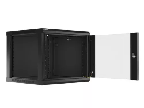 Lanberg WF01-6609-10B 19" 9U SZÉL:600mm MÉLY:600mm MAG:512mm lapraszerelt üvegajtós fekete fali rack szekrény