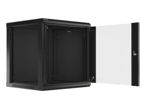 Lanberg WF01-6612-10B 19" 12U SZÉL:600mm MÉLY:600mm MAG:640mm lapraszerelt üvegajtós fekete fali rack szekrény