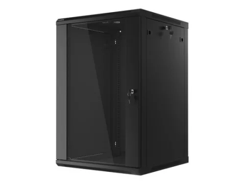 Lanberg WF01-6618-10B 19" 18U SZÉL:600mm MÉLY:600mm MAG:907mm lapraszerelt üvegajtós fekete fali rack szekrény