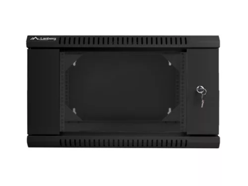 Lanberg WF02-6606-10B 19" 6U SZÉL:600mm MÉLY:600mm MAG:374mm lapraszerelt üvegajtós fekete kétrészes fali rack szekrény