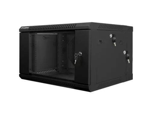 Lanberg WF02-6606-10B 19" 6U SZÉL:600mm MÉLY:600mm MAG:374mm lapraszerelt üvegajtós fekete kétrészes fali rack szekrény