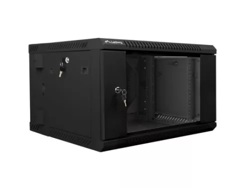 Lanberg WF02-6606-10B 19" 6U SZÉL:600mm MÉLY:600mm MAG:374mm lapraszerelt üvegajtós fekete kétrészes fali rack szekrény