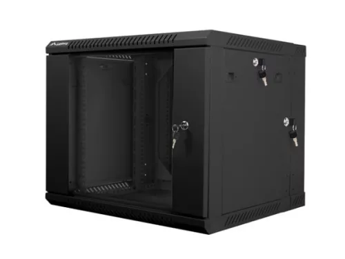 Lanberg WF02-6609-10B 19" 9U SZÉL:600mm MÉLY:600mm MAG:507mm lapraszerelt üvegajtós fekete kétrészes fali rack szekrény