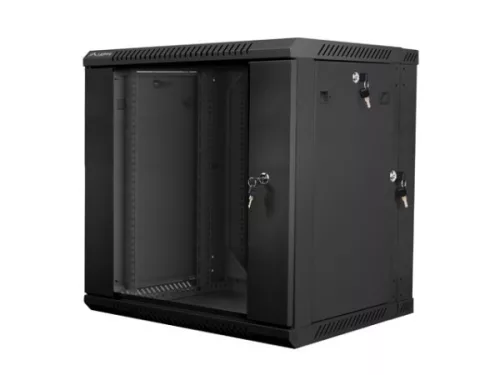Lanberg WF02-6612-10B 19" 12U SZÉL:600mm MÉLY:600mm MAG:640mm lapraszerelt üvegajtós fekete kétrészes fali rack szekrény