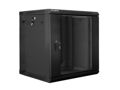 Lanberg WF02-6612-10B 19" 12U SZÉL:600mm MÉLY:600mm MAG:640mm lapraszerelt üvegajtós fekete kétrészes fali rack szekrény