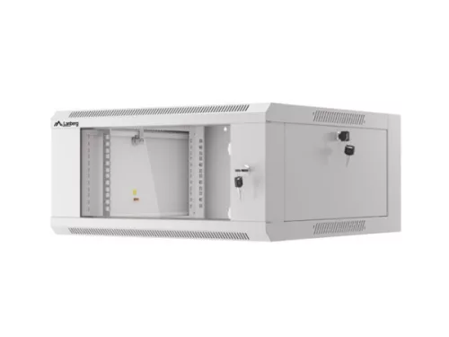 Lanberg WFFA-5604-10S 19" 4U SZÉL:570mm MÉLY:600mm MAG:277mm lapraszerelt üvegajtós szürke fali rack szekrény