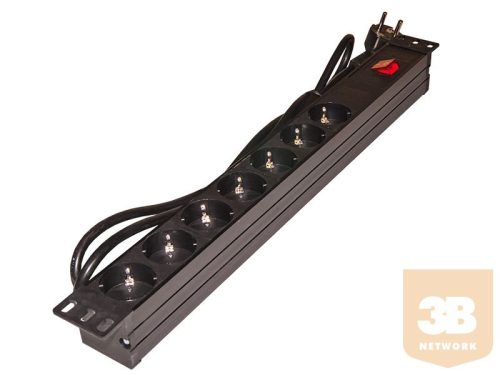 Villamos elosztósáv 7x230V, kapcsolóval, 19"-os rack szekrénybe építhető