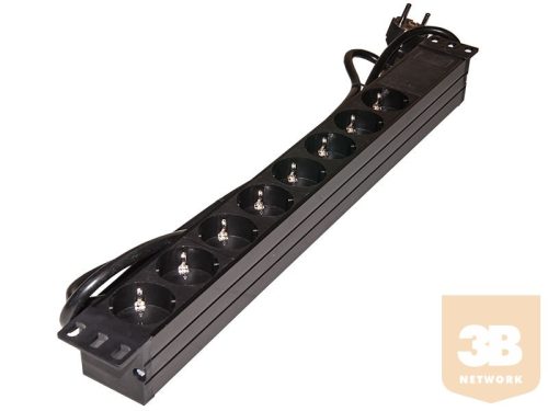 Villamos elosztósáv 8x230V, kapcsoló nélkül, 19"-os rack szekrénybe