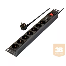   Villamos elosztó 230 V-os, 19"-os, 7 aljzattal, kapcsolóval, túlfeszültségvédett, 5m-es kábellel