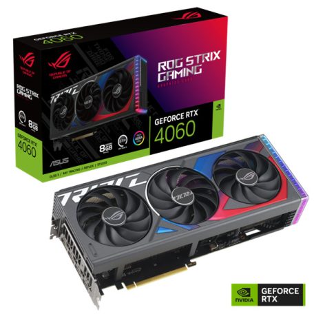 Asus Videokártya - nVidia ROG-STRIX-RTX4060-8G-GAMING (8192MB, GDDR6, 2490/17000 Mhz, 128bit, 1xHDMI2.1, 3xDP1.4)