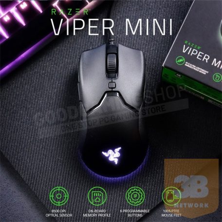 RAZER Vezetékes Optikai Gamer egér, Viper mini, USB Fekete