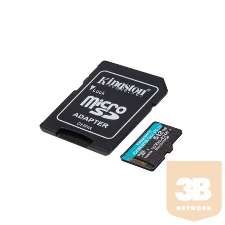 KINGSTON Memóriakártya MicroSDXC 512GB Canvas Go Plus 170R A2 U3 V30 + Adapter