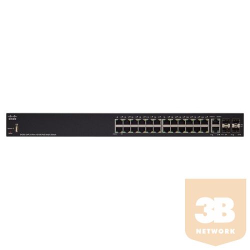 CISCO Switch 24x100Mbps (24xPOE+) + 2xGigabit kombó SFP + 2xSFP, Fémházas  Rackes, Menedzselhető, SF250-24P-K9-EU