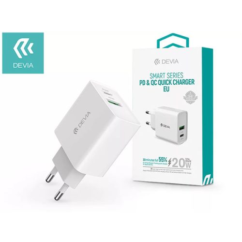 DEVIA HÁLÓZATI TÖLTŐ ADAPTER TYPE-C + USB BEMENETTEL - 20W - WHITE