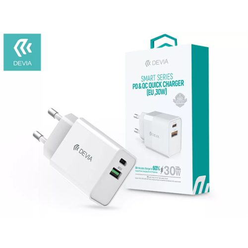 DEVIA HÁLÓZATI TÖLTŐ ADAPTER TYPE-C + USB BEMENETTEL - 30W - SMART SERIES PD3.0 + QC3.0 QUICK CHARGER - WHITE