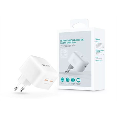 DEVIA GAN HÁLÓZATI TÖLTŐ ADAPTER 2XTYPE-C BEMENETTEL - 45W - EXTREME SPEEDSERIES PD 45W 2C QUICK CHARGER - WHITE