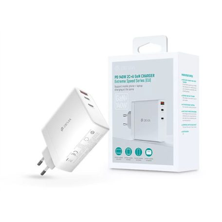 DEVIA GAN HÁLÓZATI TÖLTŐ ADAPTER USB + 2XTYPE-C BEMENETTEL - 140W - EXTREME SPEED SERIES PD 140W 2C+A GAN CHARGER - WHIT