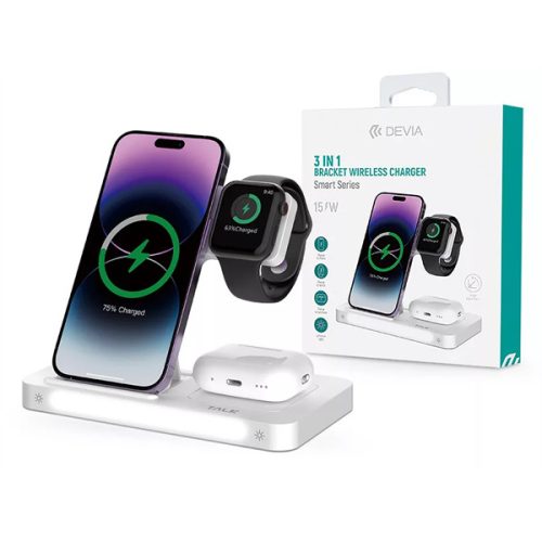 DEVIA QI UNIVERZÁLIS VEZETÉK NÉLKÜLI TÖLTŐ ÁLLOMÁS - 15W - 3in1: SMARTPHONE + IWATCH + AIRPODS - FEHÉR