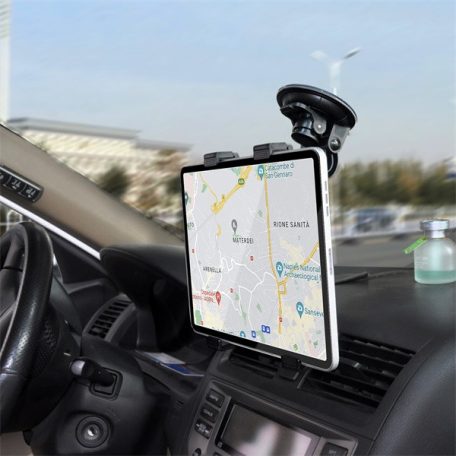 HADRON autós tablet tartó 7''-10''-os készülékekhez, 60W-os 2xUSB, gyorstöltő és USB-C–USB-C kábel, szélvédőre, fekete