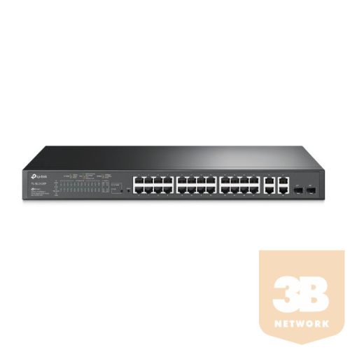 TP-LINK Switch 24x100Mbps (24xPOE) + 4x1000Mbps + 2xGigabit SFP, Menedzselhető, TL-SL2428P