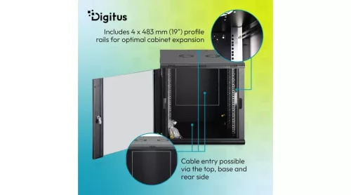 Digitus 12U 19" fali rack szekrény 600x600 mm, fekete, lapraszerelt