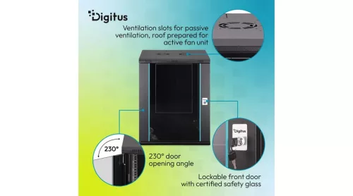 Digitus 16U 19" fali rack szekrény 600x600 mm, fekete, lapraszerelt