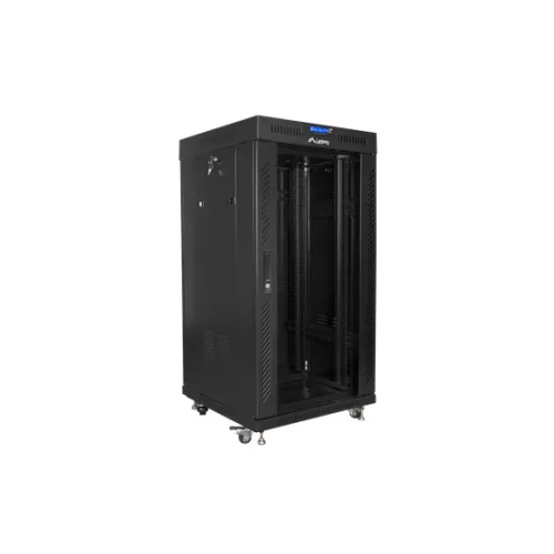 Lanberg 19" szabadon álló rack szekrény 22U/600X600 üvegajtó, lapraszerelt, LCD kijelző, fekete V2