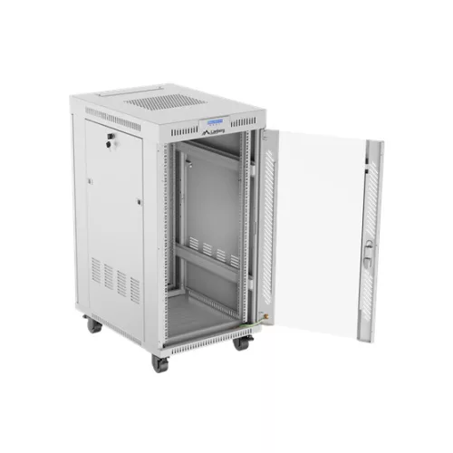 Lanberg 19" szabadon álló rack szekrény 22U/600X800 üvegajtó, lapraszerelt, LCD kijelző, szürke V2