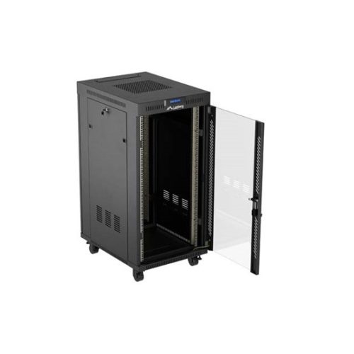 Lanberg 19" szabadon álló rack szekrény 24U/600X800 üvegajtó, lapraszerelt, LCD kijelző, fekete V2