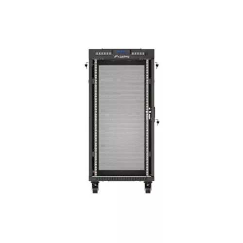 Lanberg 19" szabadon álló rack szekrény 24U/600X800 perforált ajtó, lapraszerelt, LCD kijelző, fekete V2