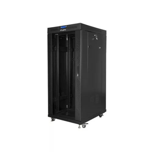 Lanberg 19" szabadon álló rack szekrény 27U/600X800 üvegajtó, lapraszerelt, LCD kijelző, fekete V2