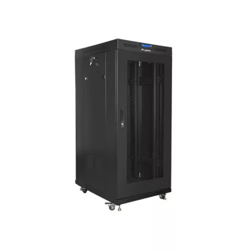 Lanberg 19" szabadon álló rack szekrény 27U/600X800 perforált ajtó, lapraszerelt, LCD kijelző, fekete V2