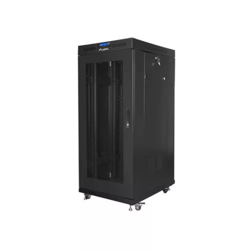 Lanberg 19" szabadon álló rack szekrény 27U/600X800 perforált ajtó, lapraszerelt, LCD kijelző, fekete V2