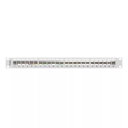 Lanberg Üres patch panel 24 port 1U 19" FTP, árnyékolt, tehermentesítővel, szürke