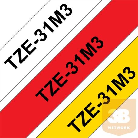 BROTHER Festékszalag TZe-31M3, 3db-os csomag: piros-, fehér- és sárga alapon fekete (TZe231+TZe431+TZe631), 12mm x 8m