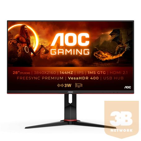 AOC Gaming 144Hz IPS monitor 28" U28G2XU2/BK, 3840x2160, 16:9, 370cd/m2, 1ms, 2xDisplayP./2xHDMI/4xUSB, Pivot, hangszóró