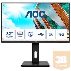   AOC VA monitor 31,5" U32P2, 2560x1440, 16:9, 350cd/m2, 4ms, 75Hz, 2xHDMI/DP/4xUSB, hangszóró, Pivot, AdaptiveSync