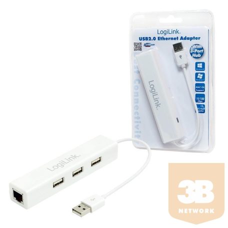 LOGILINK - adapter, USB 2.0 --> Fast Ethernet, 3-portos USB Hubbal